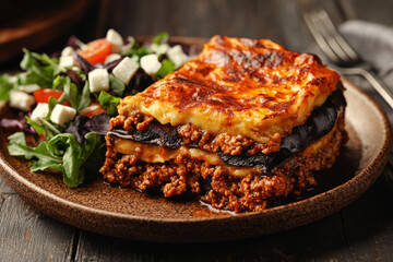 Hearty moussaka with eggplant, spiced meat, and bchamel served alongside a vibrant Greek salad in warm lighting