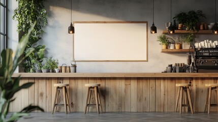 Stylish coffee shop interior featuring wooden bar, empty menu board, potted plants, and modern espresso machine, inviting atmosphere for relaxation and enjoyment