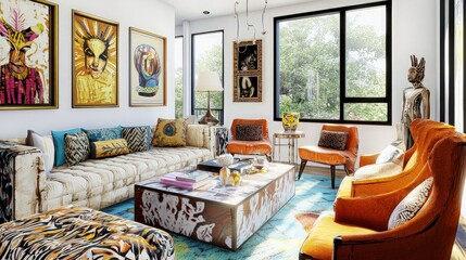 Eclectic living room, sunny, vibrant art.