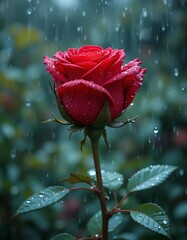 red rose covered in water droplets, showcasing its delicate petals and lush green leaves in a serene, fresh atmosphere. Perfect for themes of beauty, nature, and tranquility.