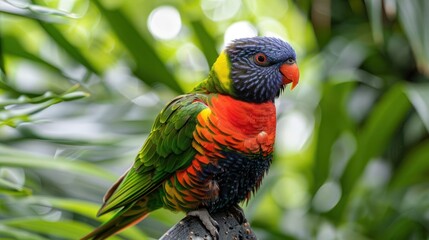 Obraz premium Vibrant Rainbow Lorikeet Perched Amidst Lush Green Foliage in a Tropical Setting