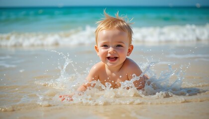 A cheerful baby splashing and playing in shallow beach water under the warm summer sun, enjoying the seaside vacation.
