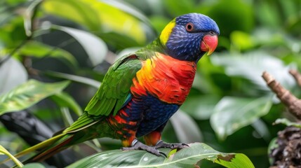 Vibrant Rainbow Lorikeet Perched on Lush Green Leaves in a Tropical Garden Setting