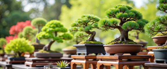Meticulously pruned bonsai trees displayed at Japanese garden expo, elegance