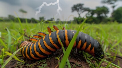 Naklejka premium Close-up of a vibrant caterpillar in a grassy field under a stormy sky with lightning