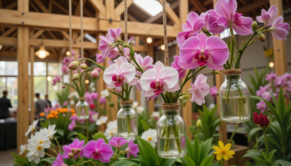 Hanging orchids in glass vases creating floral art, Garden expos, copy space © Natalia