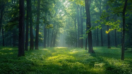 Obraz premium Serene forest landscape with sunlight filtering through trees, creating a peaceful atmosphere