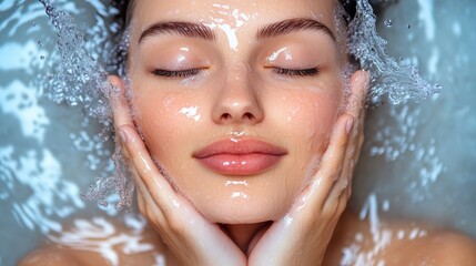 Woman's face, close-up, cleansing with water. Perfect for skincare, beauty, and wellness.