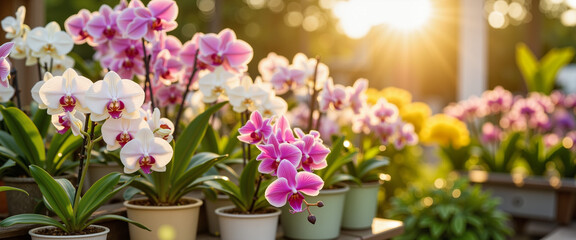 Exotic orchids basking in golden sunlight at indoor showcase, Garden expos © Natalia