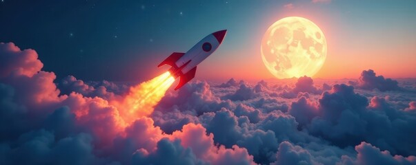 Rocket soaring through wispy clouds at dusk under moonlight glow, flight, rocket
