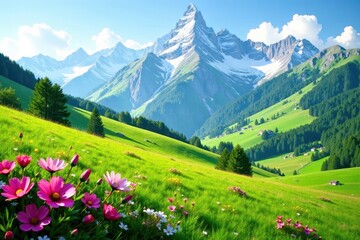 Obraz premium Rolling green hills, snow-capped peaks, blooming flora, flora, tranquil, green