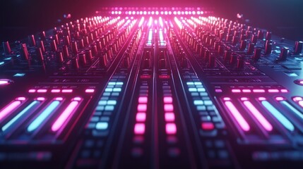 Neon-lit mixing console, studio, music production