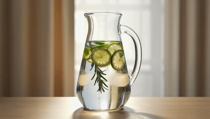 Refreshing lime water pitcher, sunlit kitchen, healthy hydration