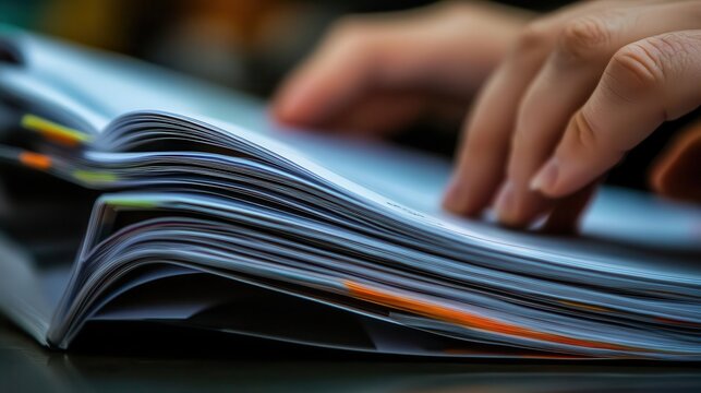 Business report, close-up of printed reports with hands flipping pages