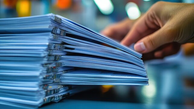 Business report, close-up of printed reports with hands flipping pages