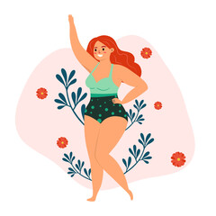 Beautiful woman bikini posing with flowers behinds. Body positive and love your body