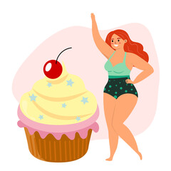 Beautiful woman bikini posing near big cake. Body positive and love your body