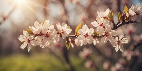 Fototapeta premium Close-up of delicate cherry blossoms on a branch bathed in soft spring sunlight, creating a dreamy scene.