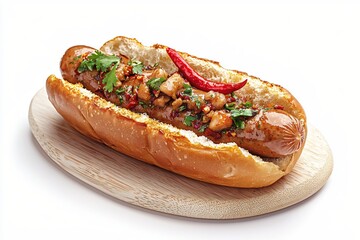 Gourmet Hotdog with Spicy Topping on Wooden Board a Delicious and Flavorful Culinary Delight
