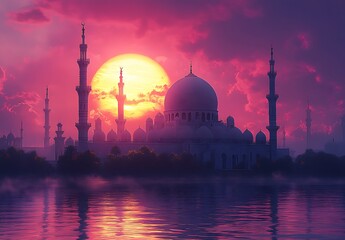 Naklejka premium Sunset glow behind majestic mosque with domes and minarets reflected in tranquil waters