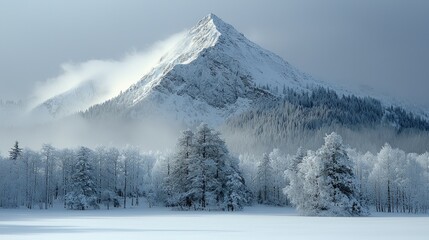 Obraz premium Snowy mountain peak, winter forest, serene landscape, calm background, ideal for travel brochures