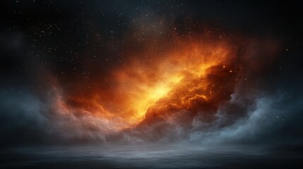 Fototapeta premium This image captures the explosive energy of fiery cosmic clouds surpassing a horizon, hinting at the transformative beauty and powerful forces that shape our universe in unimaginable ways.