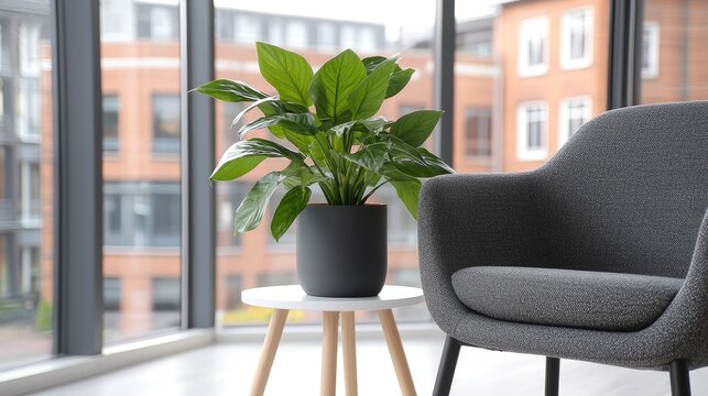 Green potted plant on a small table next to a grey armchair in a bright modern office.
