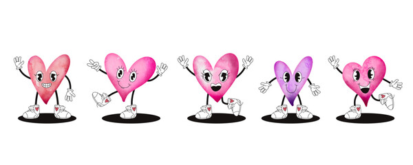 Watercolor Love Hearts, Funky Groovy Characters in Watercolor Style, Hand drawn lovely symbols for Valentines Day, Mother's Day.