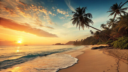 A breathtaking sunset over a tropical beach with palm trees