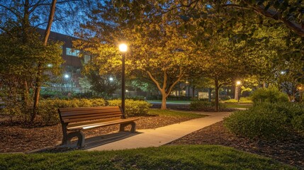 Fototapeta premium Night park scene: empty bench, illuminated path, trees.
