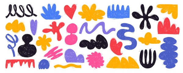 Colorful Funny Abstract Grunge Shapes with, Pencil Geometric Drawings with Hand Drawn Texture. Cute and funny stickers