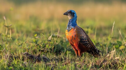 Obraz premium Colorful bird standing in a lush green field during golden hour, with soft sunlight illuminating the scene
