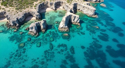 An aerial drone photograph of crystal-clear turquoise waters meeting dramatic limestone cliffs along a Mediterranean coastline, captured on a bright sunny day