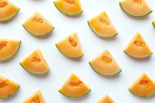 Fresh cantaloupe slices arranged in a vibrant pattern on a clean white surface creating a bright mood