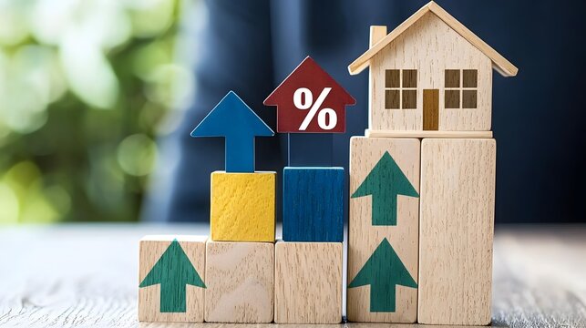 Wooden blocks featuring a percentage sign and directional arrows paired with a house model to represent changes in the real estate market such as growth decline or fluctuations in property values