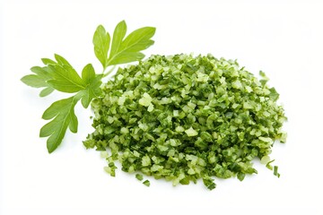 Obraz premium Fresh Chopped Parsley Herb Ingredient with Vibrant Green Leaves on a Clean White Surface