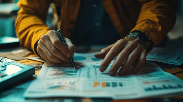 Financial analysis, close-up of hands flipping through financial reports, charts visible