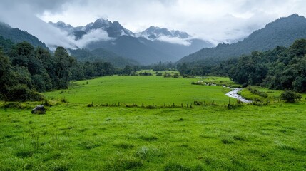 Fototapeta premium Serene valley landscape, green meadow, mountains, overcast sky
