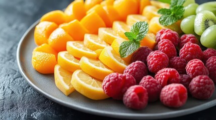 Fresh fruit platter, close-up of vibrant fruits neatly arranged on a platter