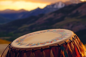 Decorated drum sunset mountain backdrop ceremony