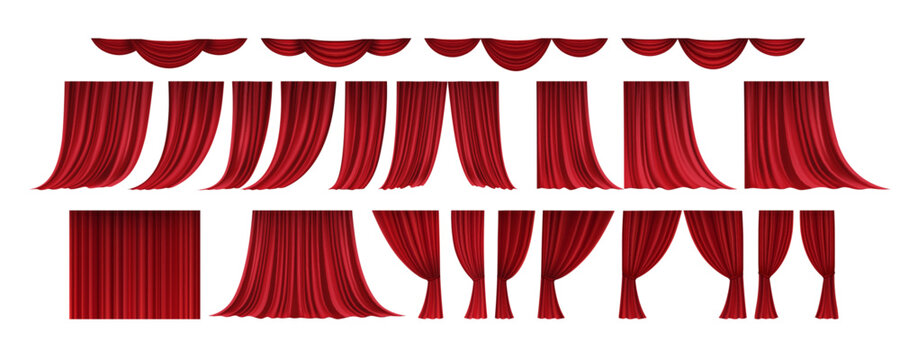 Realistic 3D Set of Red Velvet Theater Curtains Open and Closed Long and Short Top Borders Isolated on White Background
