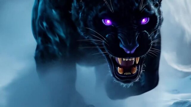 Black panther stalking snowy mountains; winter predator