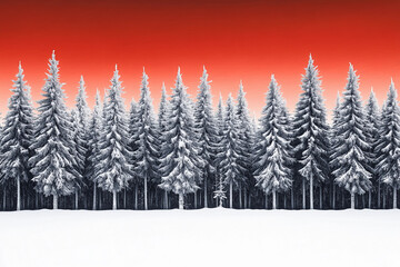 Obraz premium Winter forest under dramatic red sky at dusk creates a striking contrast in the snowy landscape