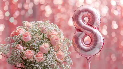 Celebrating a birthday with pink roses and a shiny number 8 balloon at a festive event