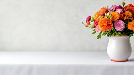 Colorful flowers in white vase on table