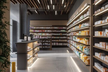 Modern clean pharmacy interior with organized shelves and bright lighting
