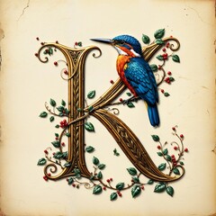 Mittelalterliche Initiale „K“ auf gealtertem Pergament. Goldene Ornamente und verschlungene Muster verzieren den Buchstaben. Ein Eisvogel sitzt auf dem „K“, umrankt von Efeu mit roten Beeren.