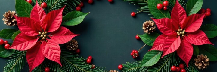 Poinsettia and holly wreath with pinecones and evergreen branches, holly, decoration, winter