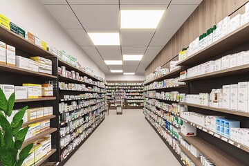 Modern clean pharmacy interior showcasing organized shelves filled with various medications and health products