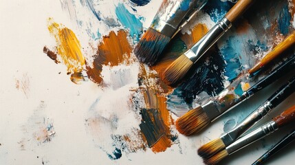 Obraz premium Paintbrushes rest on a canvas with colorful paint.